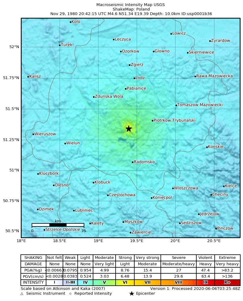 USGS ShakeMap: estimated shaking intensity around the epicenter