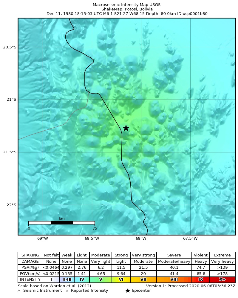 USGS ShakeMap: estimated shaking intensity around the epicenter