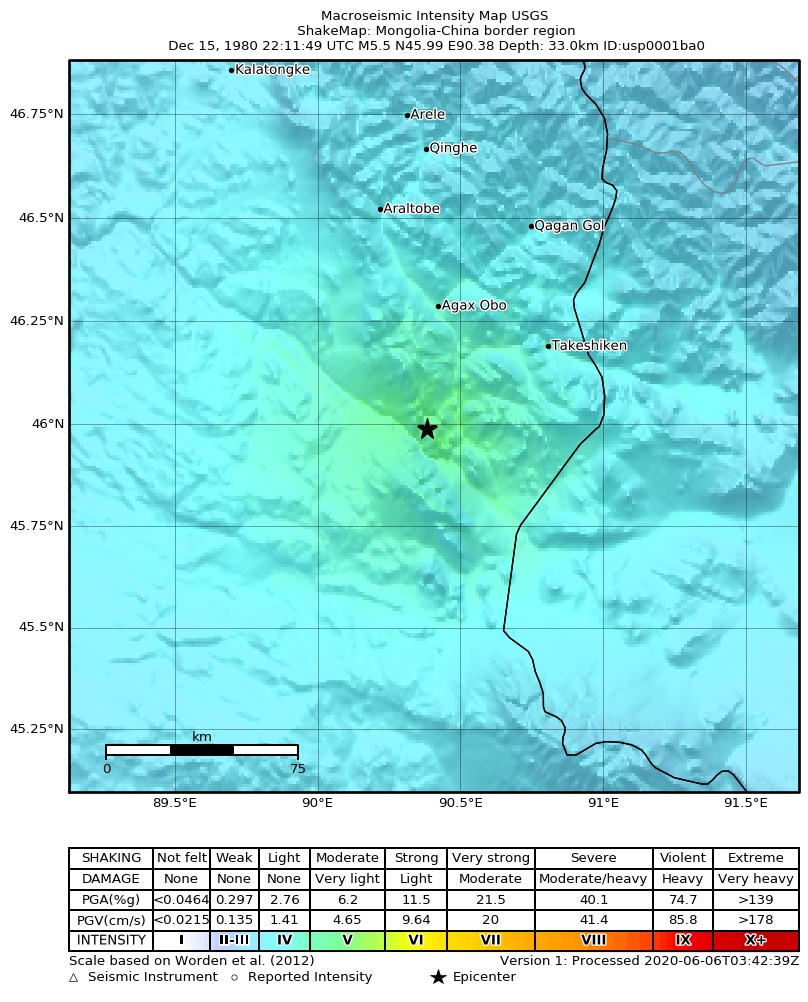 USGS ShakeMap: estimated shaking intensity around the epicenter