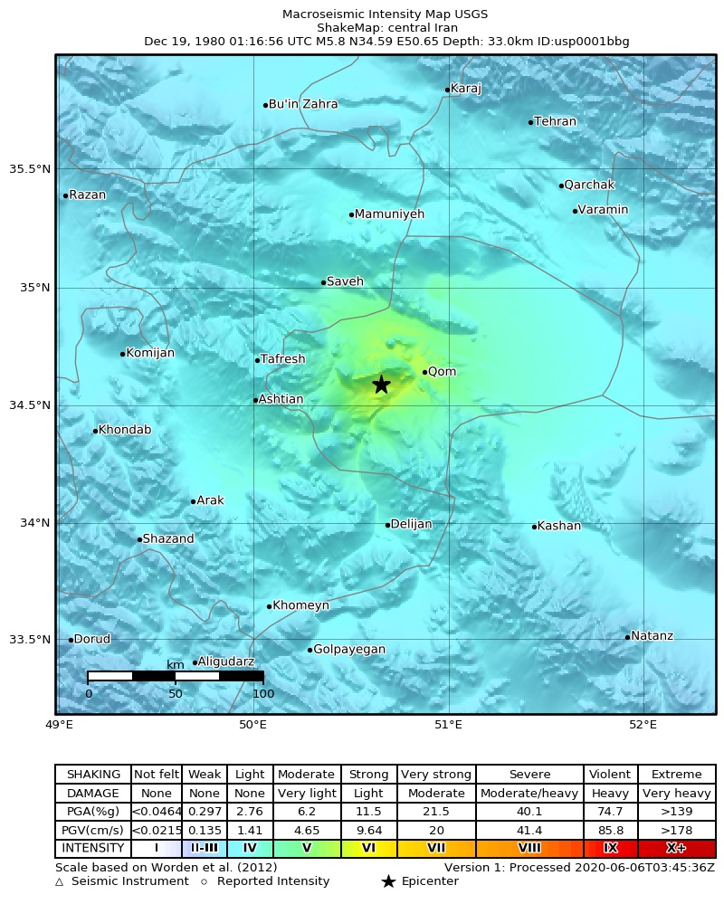 USGS ShakeMap: estimated shaking intensity around the epicenter