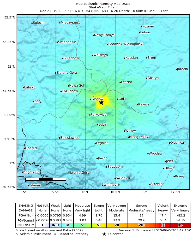 USGS ShakeMap: estimated shaking intensity around the epicenter