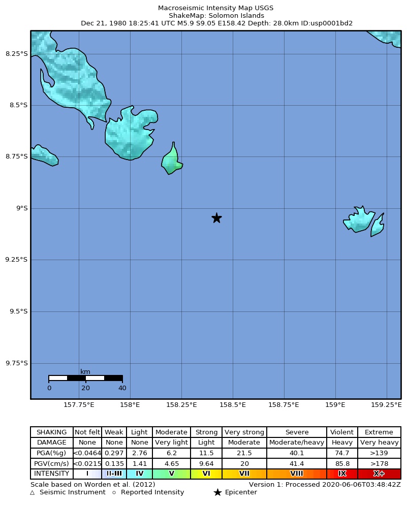 USGS ShakeMap: estimated shaking intensity around the epicenter
