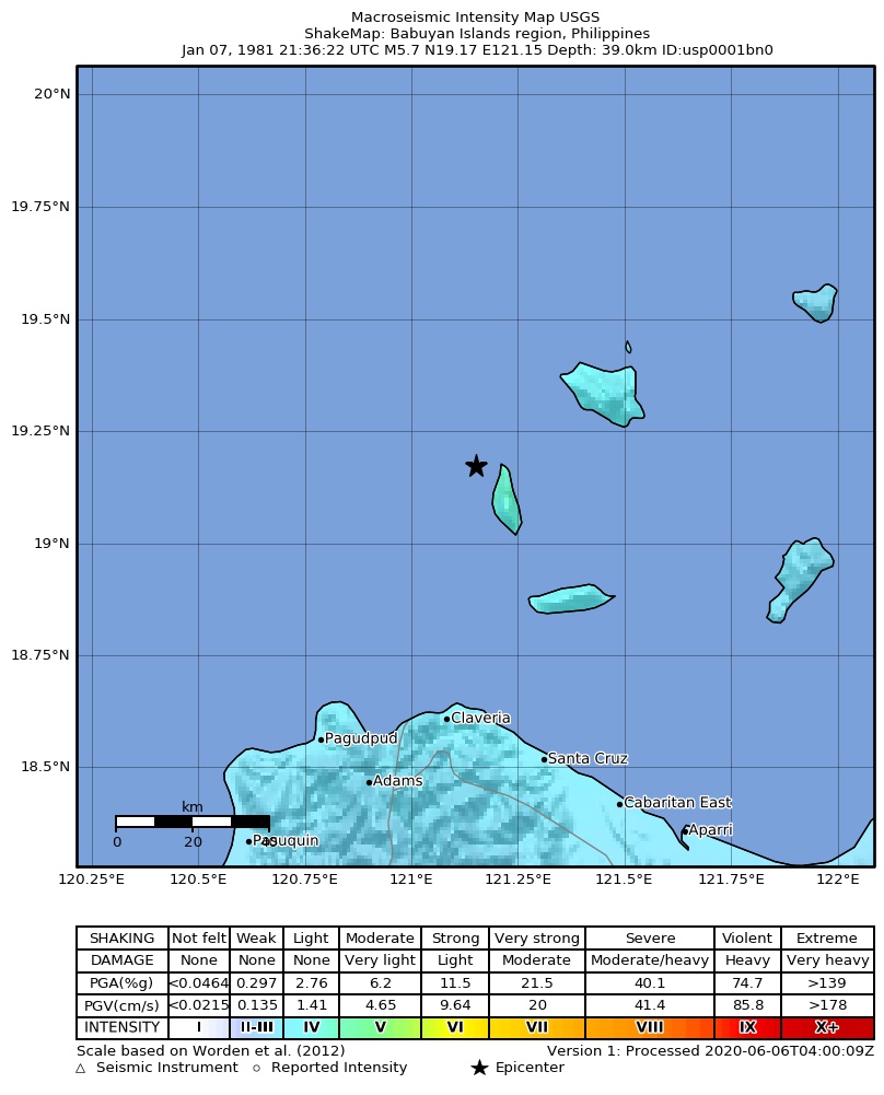 USGS ShakeMap: estimated shaking intensity around the epicenter