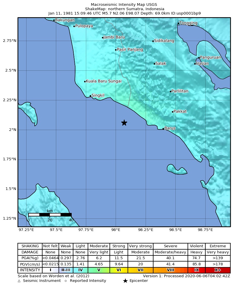 USGS ShakeMap: estimated shaking intensity around the epicenter