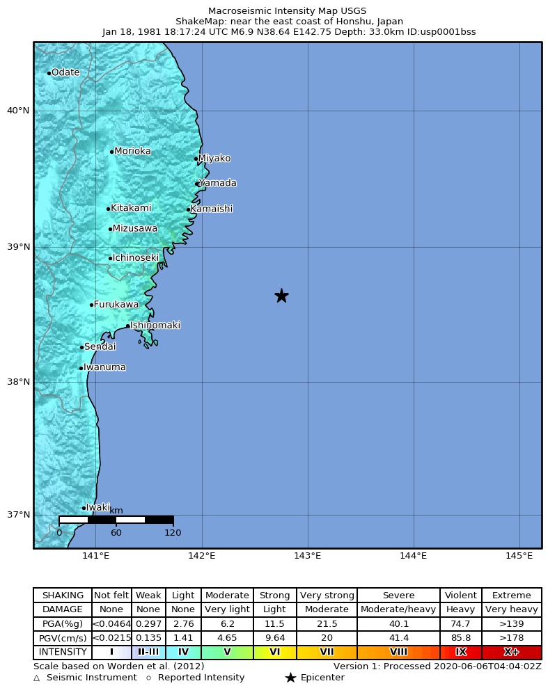 USGS ShakeMap: estimated shaking intensity around the epicenter