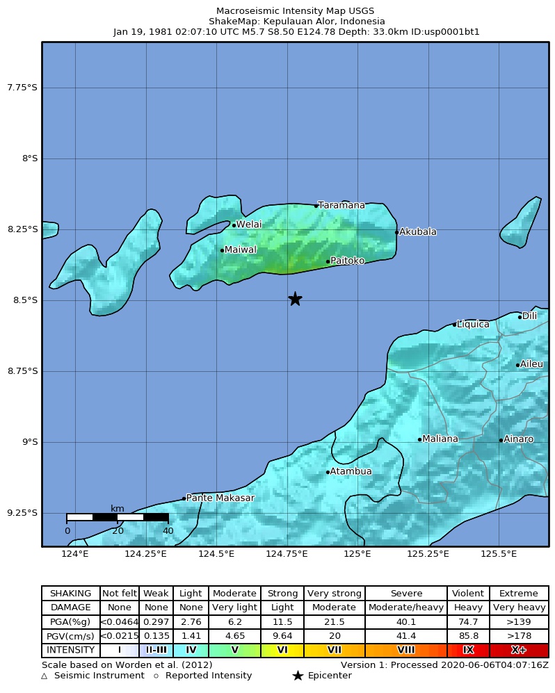 USGS ShakeMap: estimated shaking intensity around the epicenter