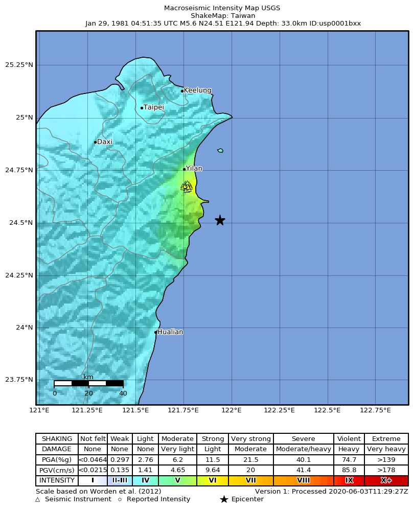 USGS ShakeMap: estimated shaking intensity around the epicenter
