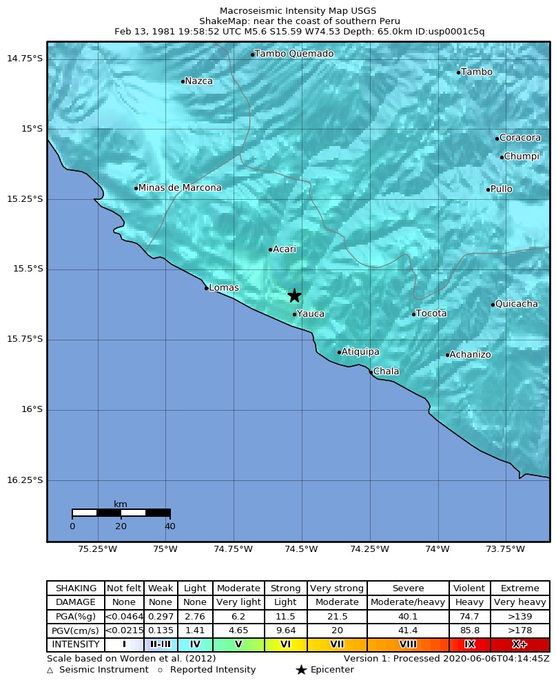 USGS ShakeMap: estimated shaking intensity around the epicenter