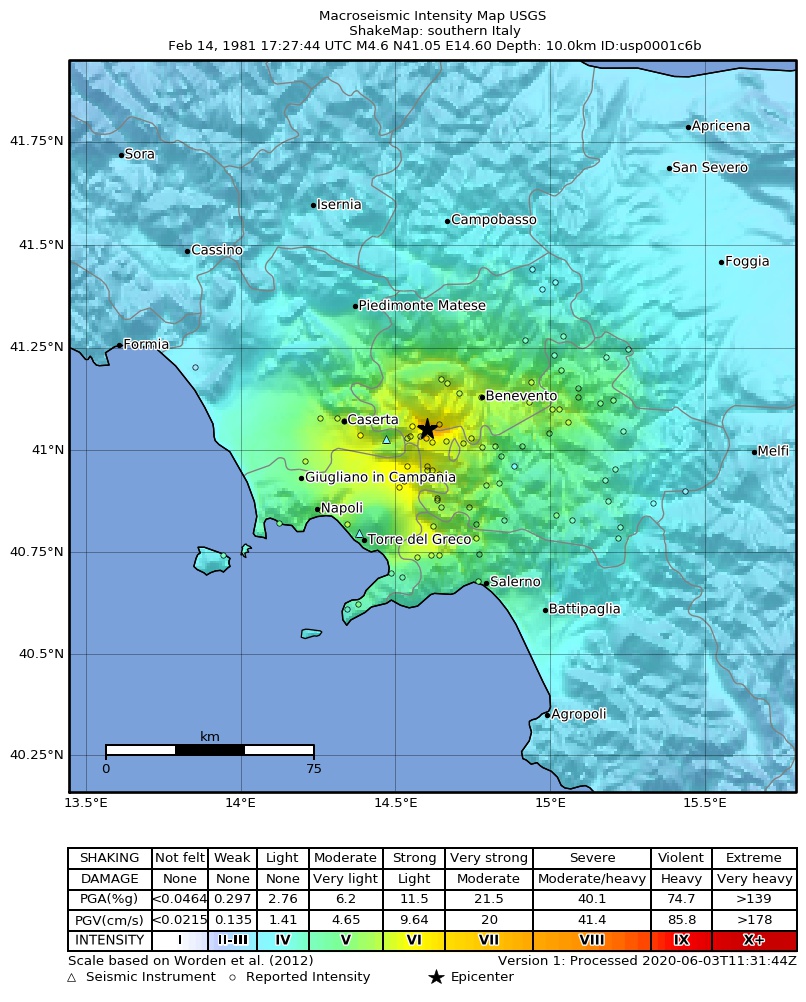 USGS ShakeMap: estimated shaking intensity around the epicenter