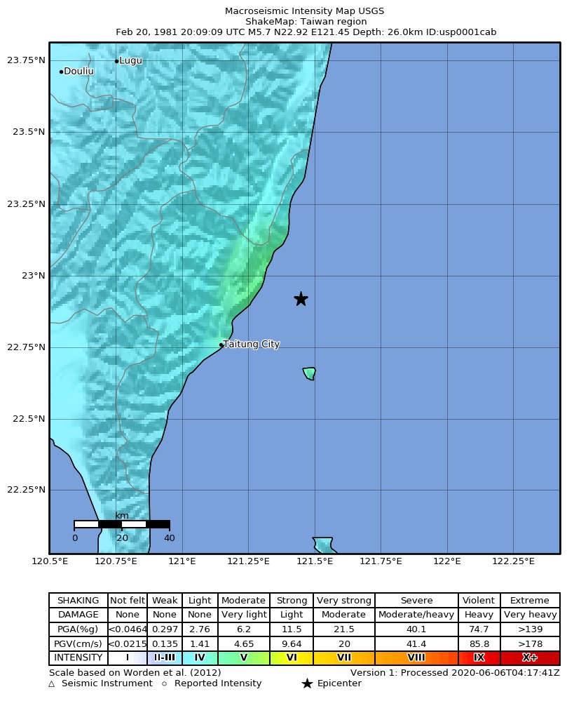USGS ShakeMap: estimated shaking intensity around the epicenter