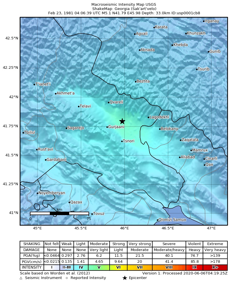 USGS ShakeMap: estimated shaking intensity around the epicenter