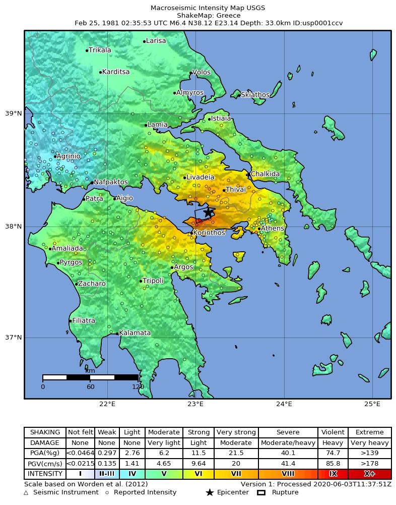 USGS ShakeMap: estimated shaking intensity around the epicenter