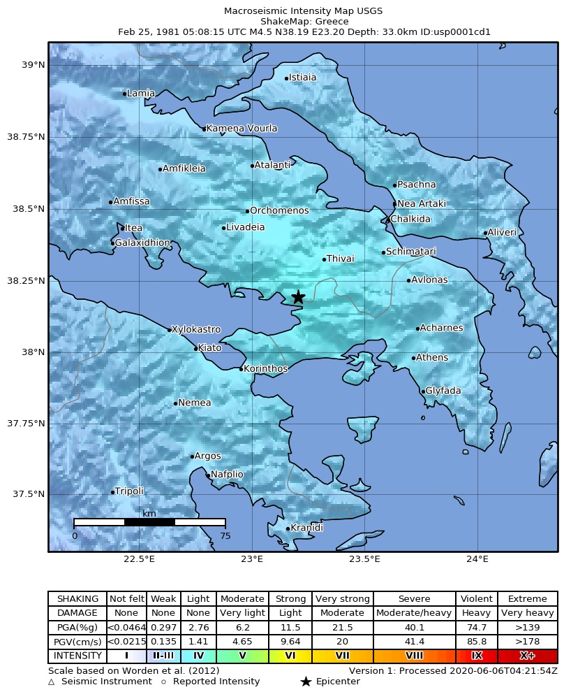 USGS ShakeMap: estimated shaking intensity around the epicenter