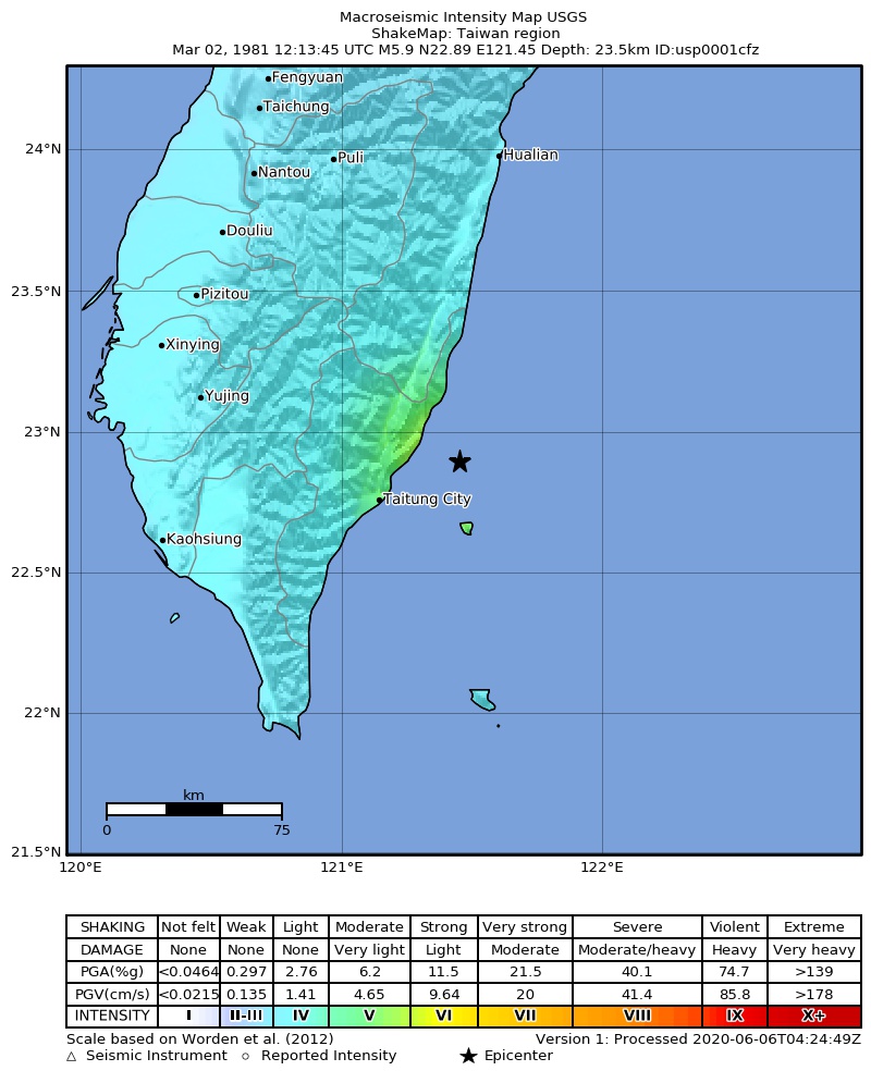 USGS ShakeMap: estimated shaking intensity around the epicenter