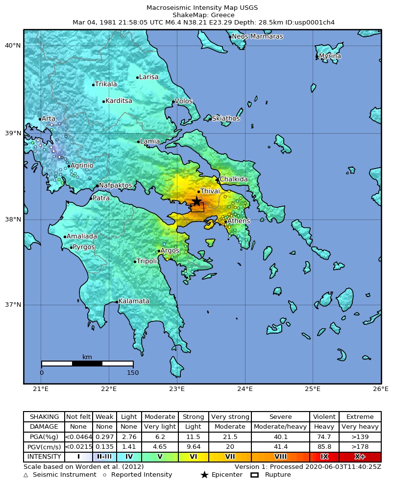 USGS ShakeMap: estimated shaking intensity around the epicenter