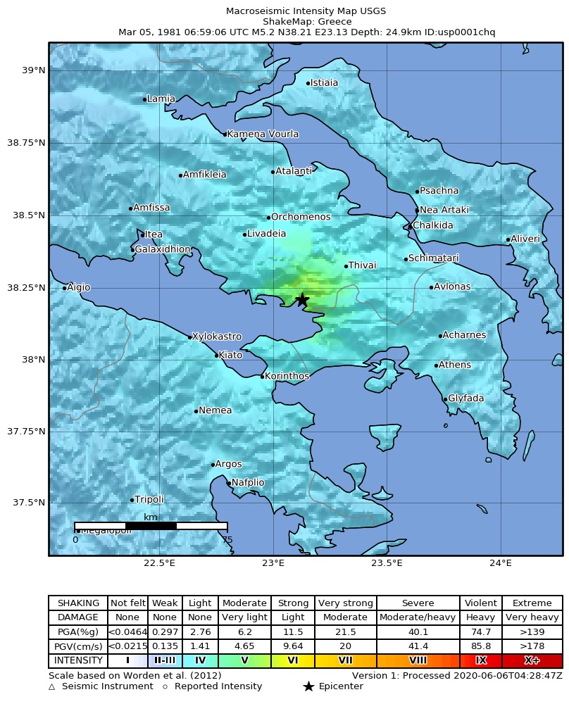 USGS ShakeMap: estimated shaking intensity around the epicenter