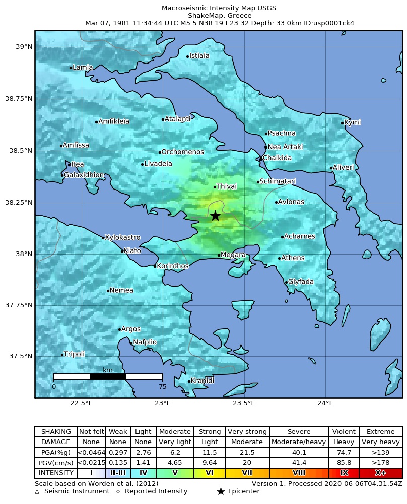 USGS ShakeMap: estimated shaking intensity around the epicenter