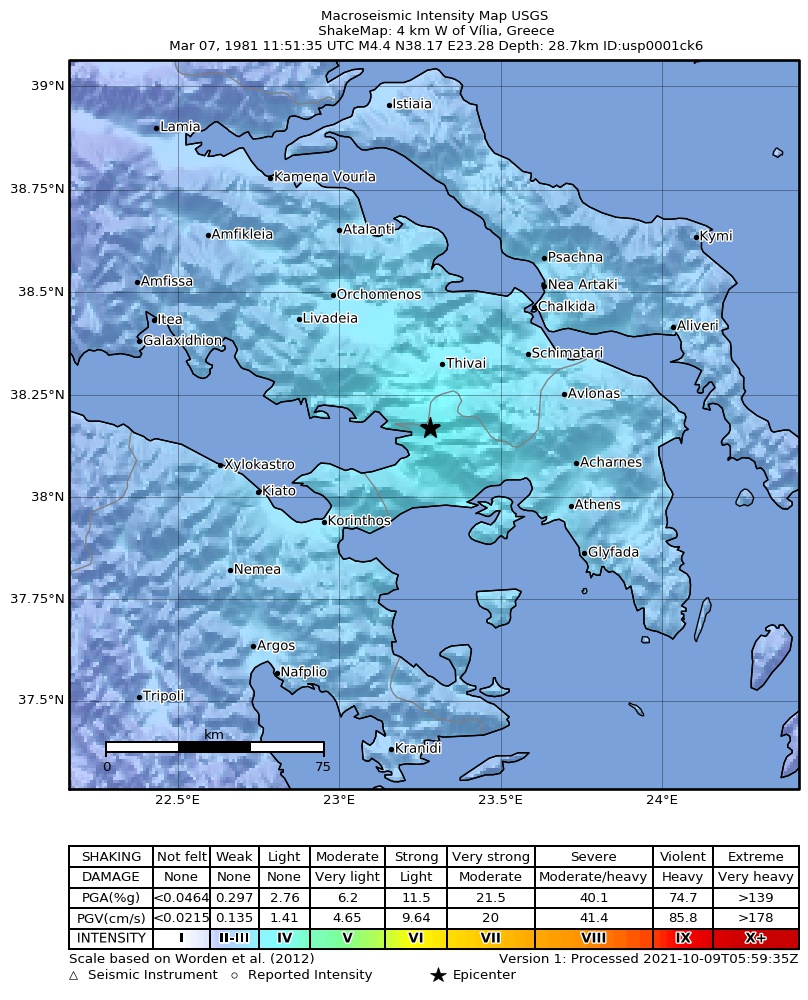 USGS ShakeMap: estimated shaking intensity around the epicenter