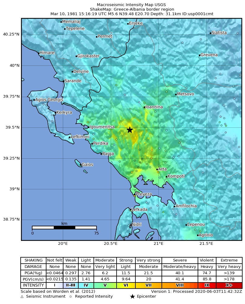 USGS ShakeMap: estimated shaking intensity around the epicenter