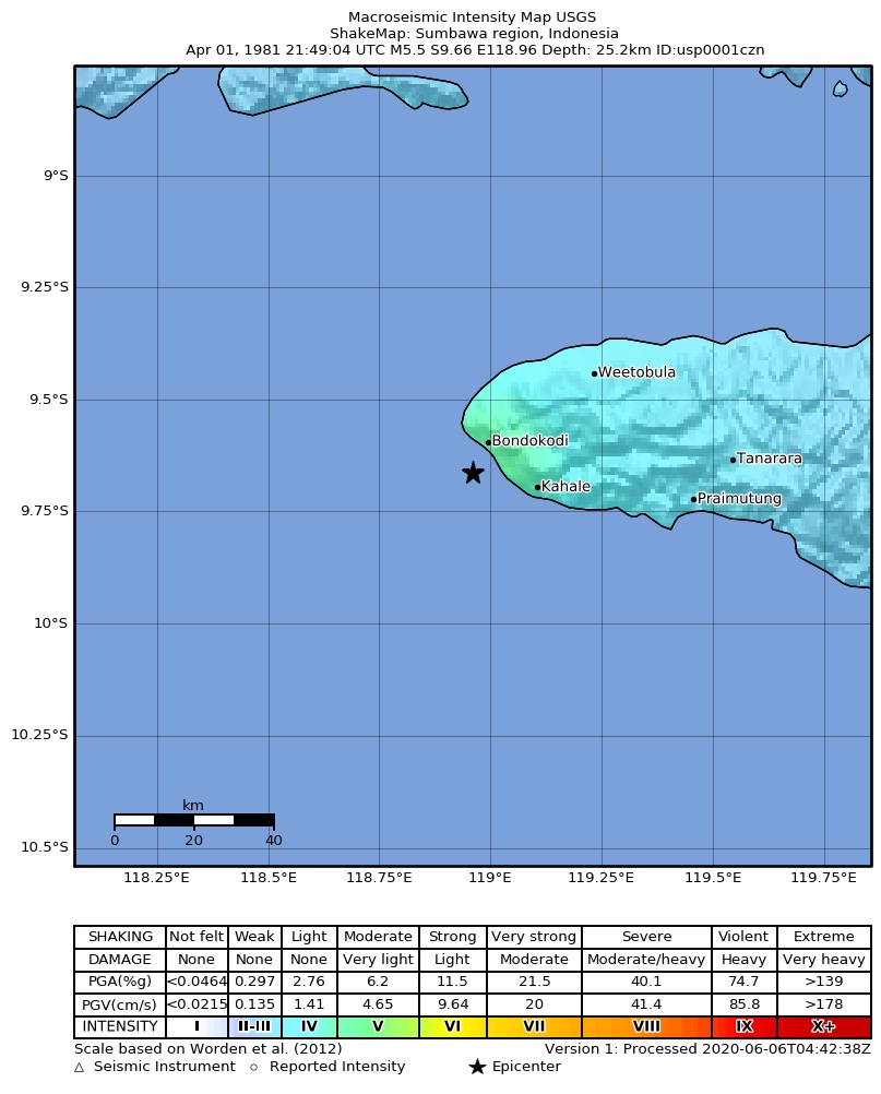 USGS ShakeMap: estimated shaking intensity around the epicenter