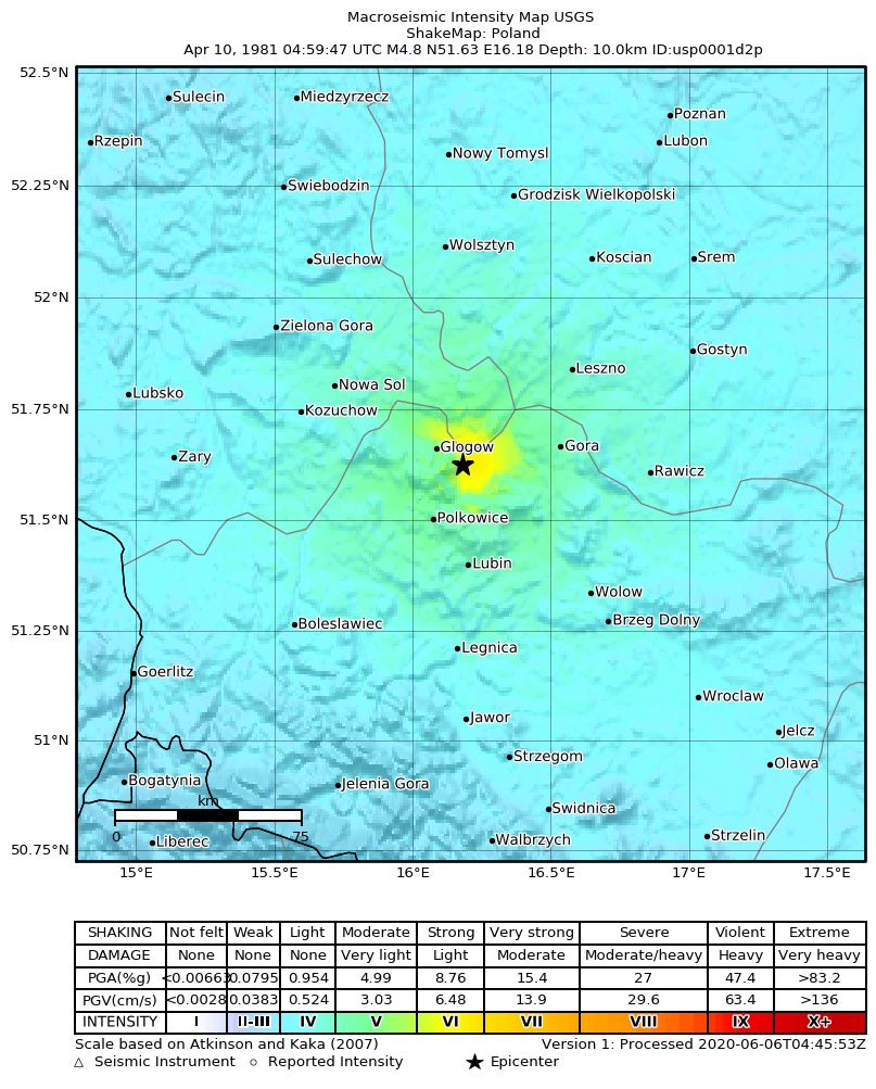 USGS ShakeMap: estimated shaking intensity around the epicenter
