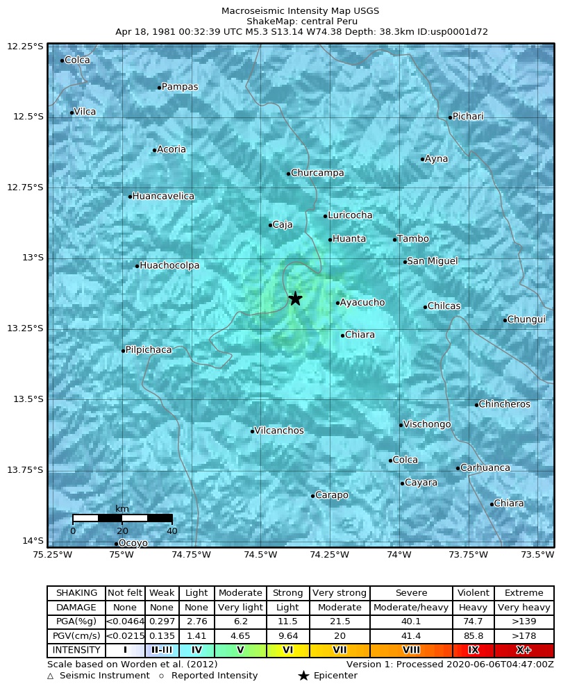 USGS ShakeMap: estimated shaking intensity around the epicenter