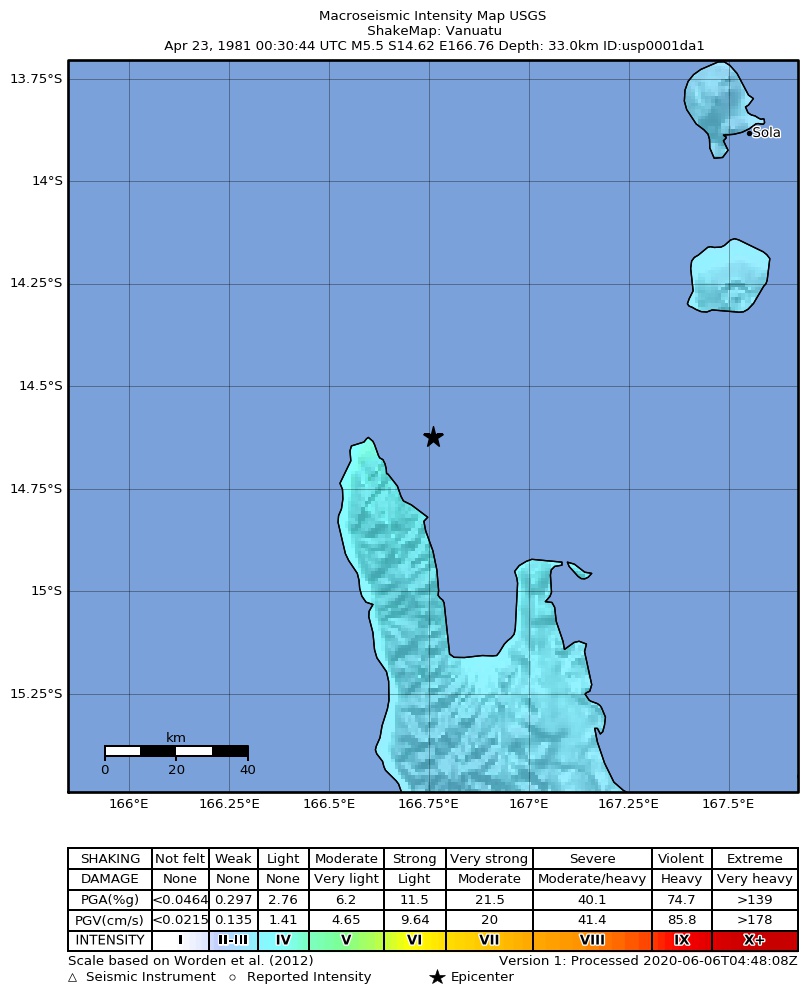 USGS ShakeMap: estimated shaking intensity around the epicenter