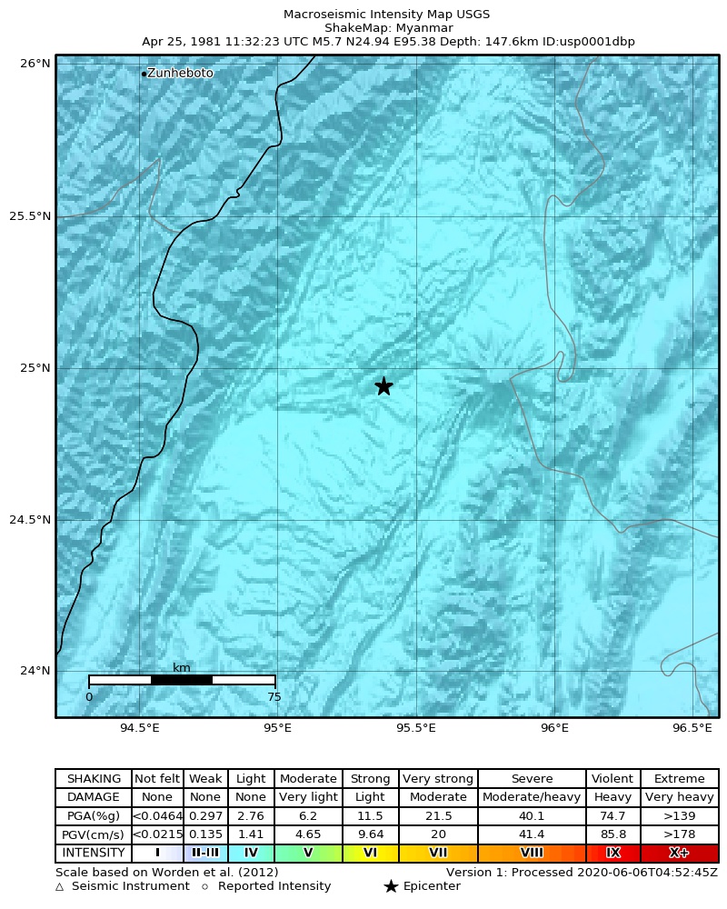 USGS ShakeMap: estimated shaking intensity around the epicenter