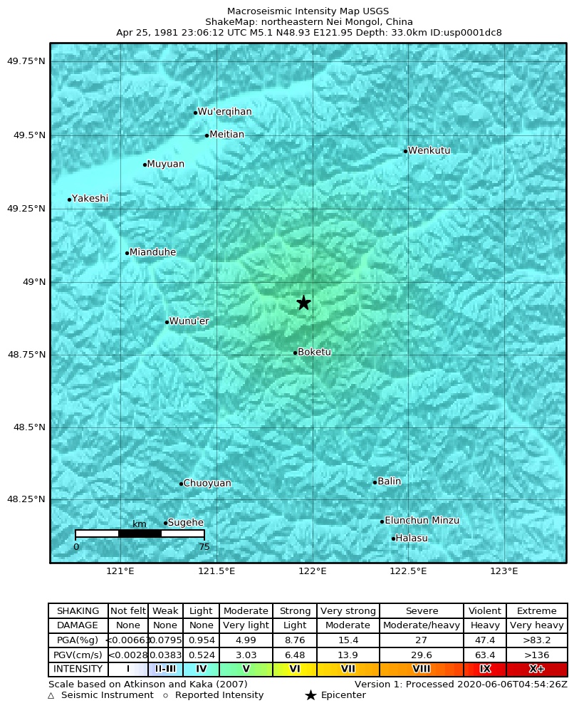 USGS ShakeMap: estimated shaking intensity around the epicenter
