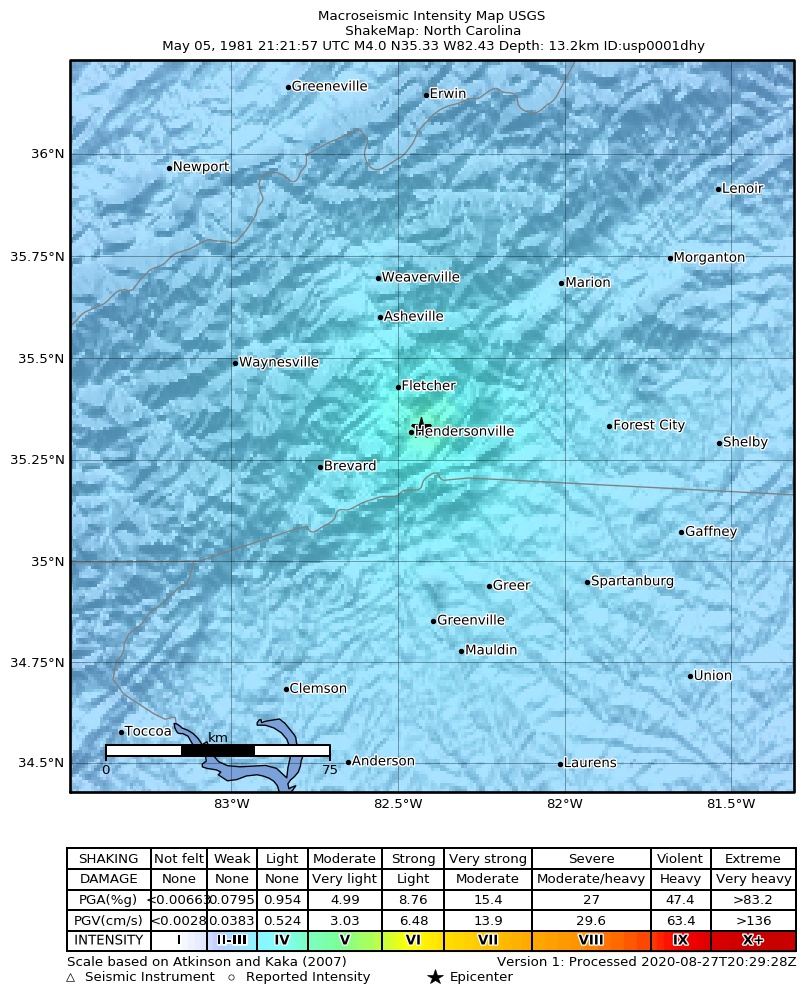 USGS ShakeMap: estimated shaking intensity around the epicenter