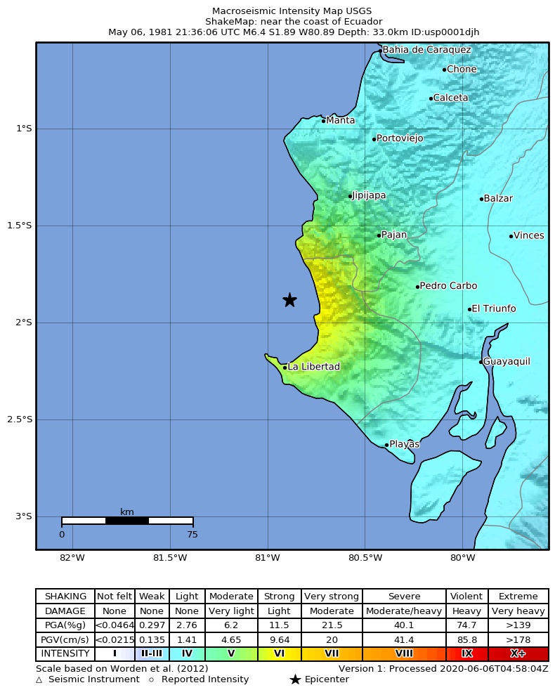 USGS ShakeMap: estimated shaking intensity around the epicenter