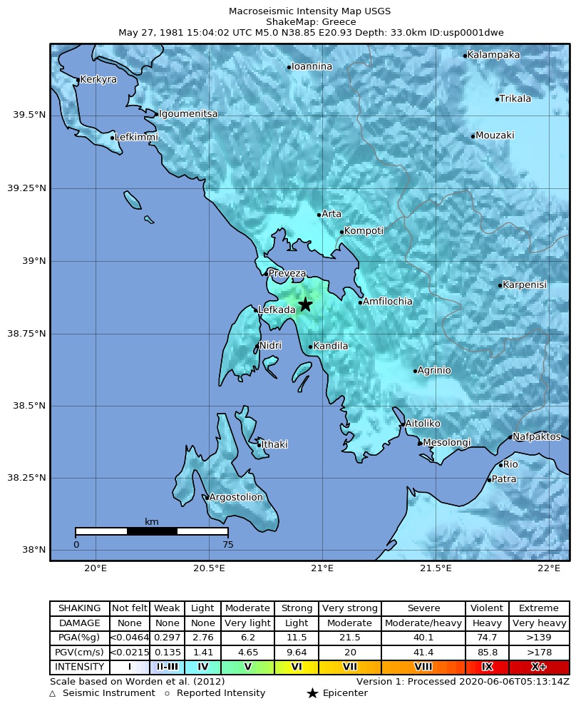 USGS ShakeMap: estimated shaking intensity around the epicenter