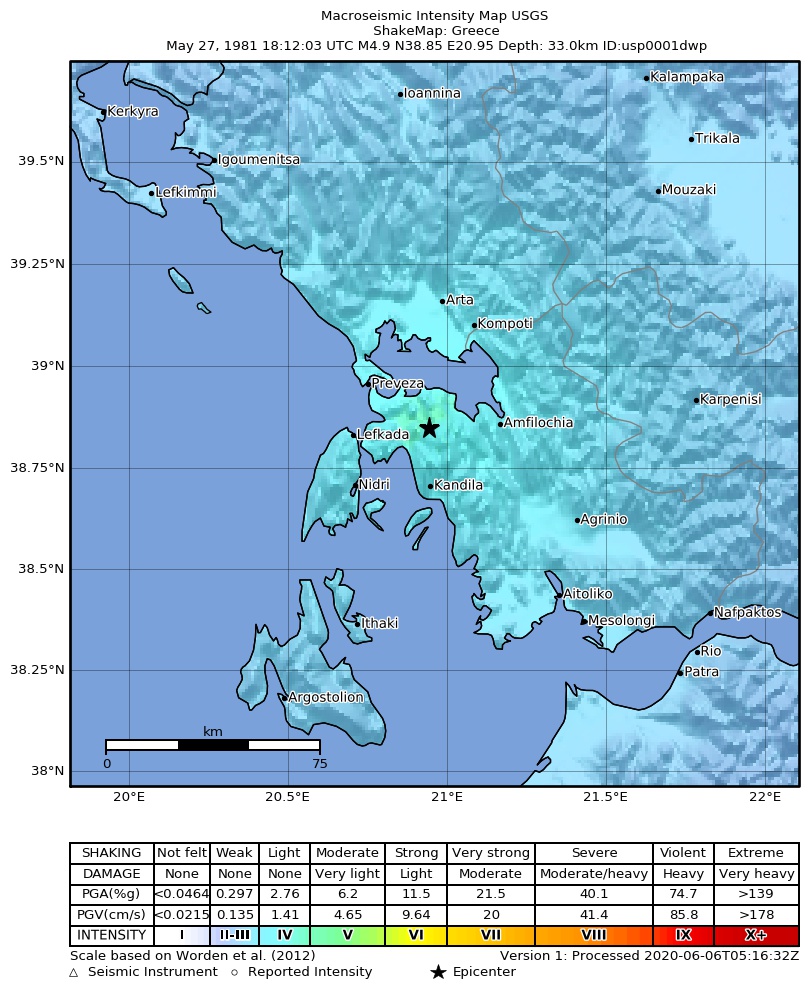 USGS ShakeMap: estimated shaking intensity around the epicenter