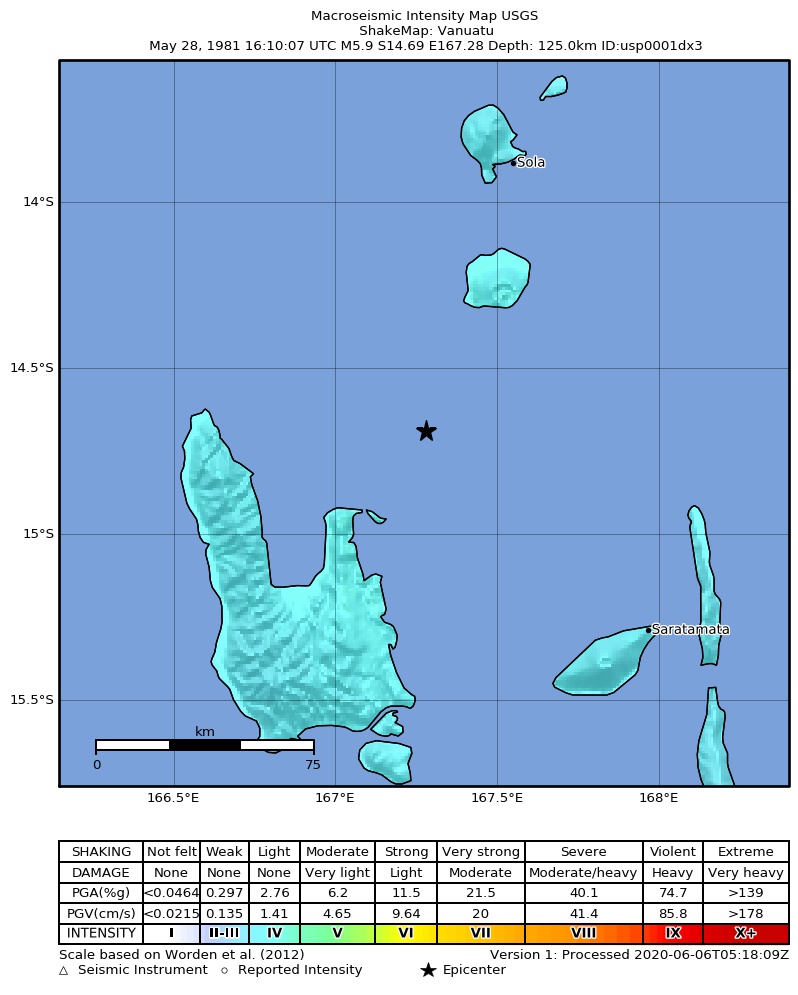USGS ShakeMap: estimated shaking intensity around the epicenter