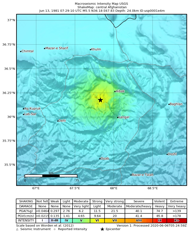 USGS ShakeMap: estimated shaking intensity around the epicenter