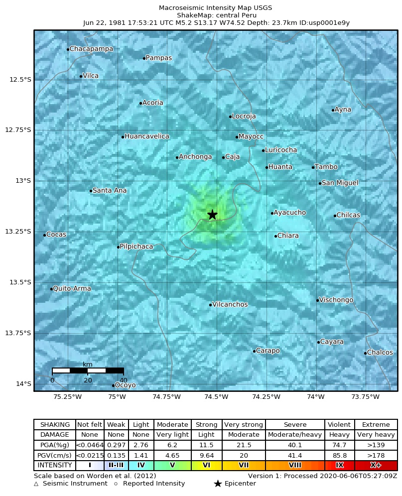USGS ShakeMap: estimated shaking intensity around the epicenter