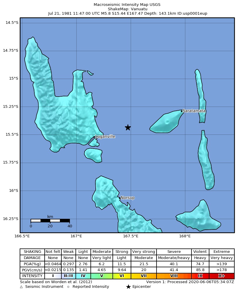 USGS ShakeMap: estimated shaking intensity around the epicenter