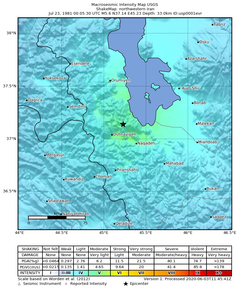 USGS ShakeMap: estimated shaking intensity around the epicenter