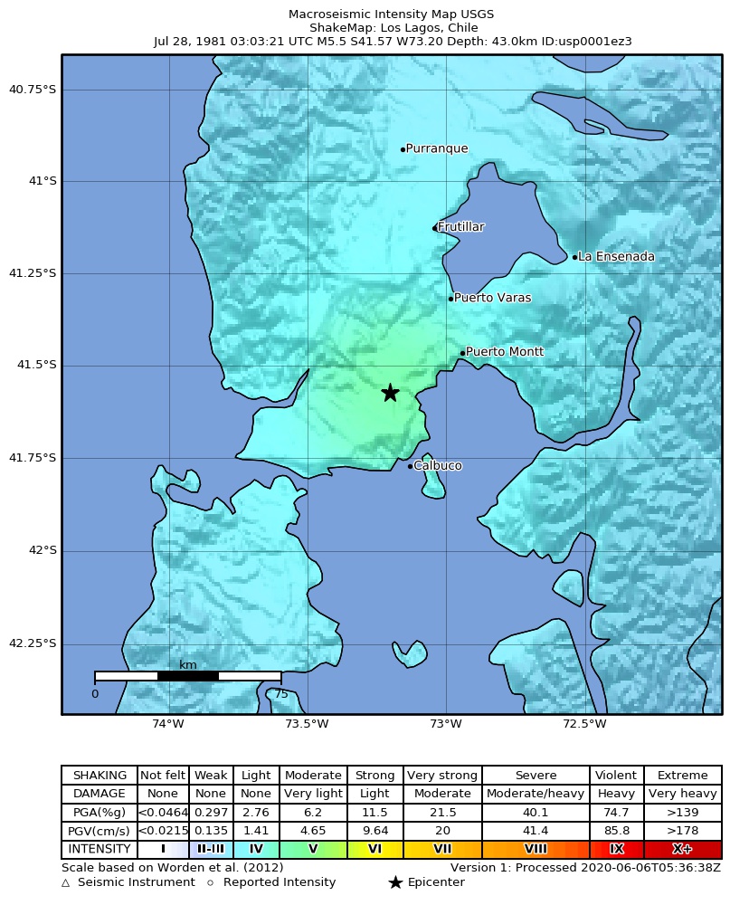 USGS ShakeMap: estimated shaking intensity around the epicenter