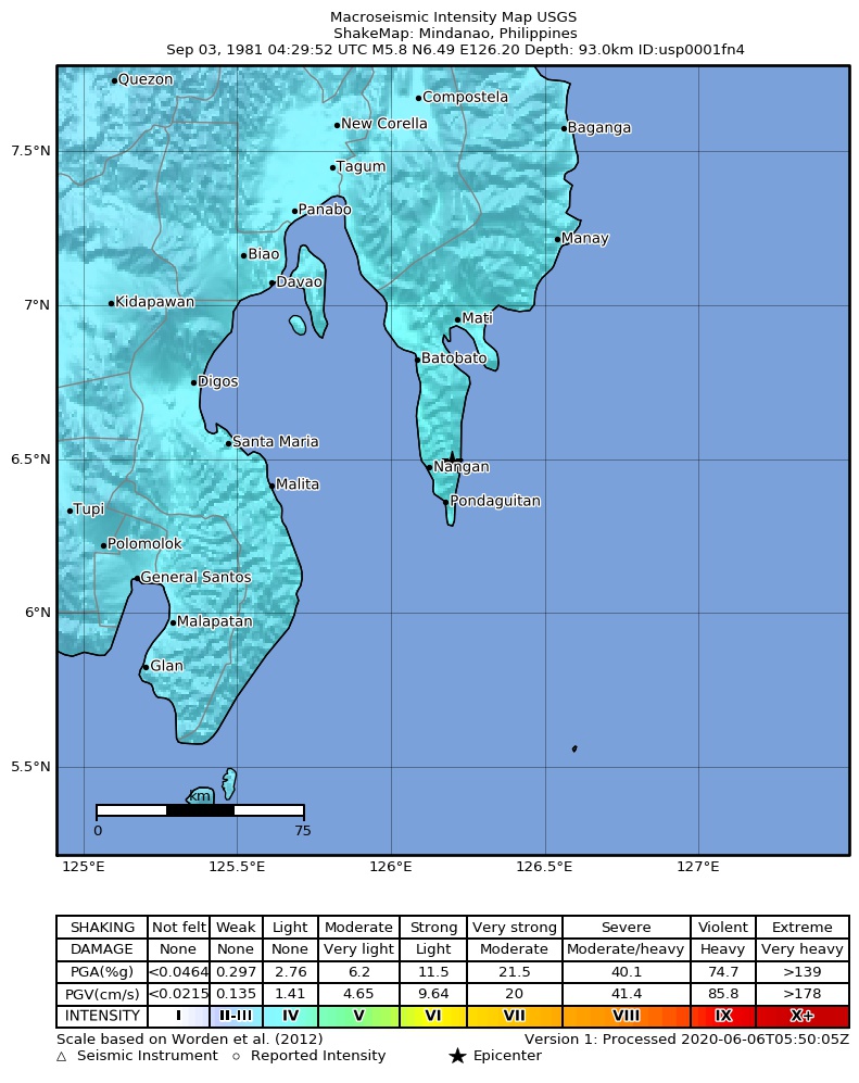 USGS ShakeMap: estimated shaking intensity around the epicenter