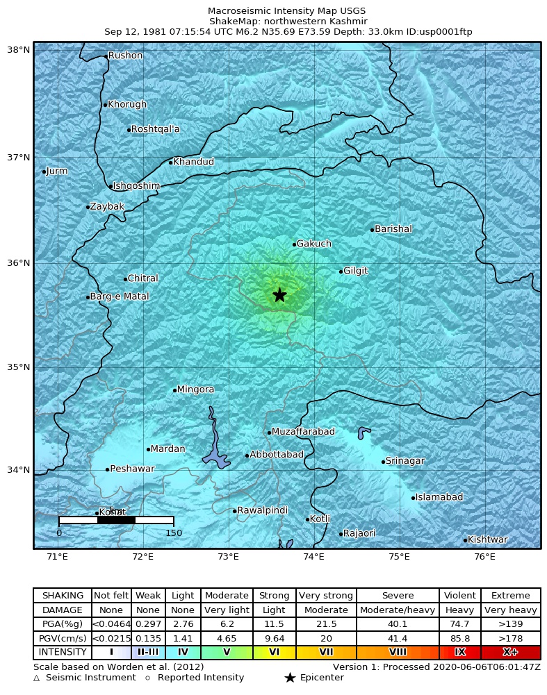 USGS ShakeMap: estimated shaking intensity around the epicenter