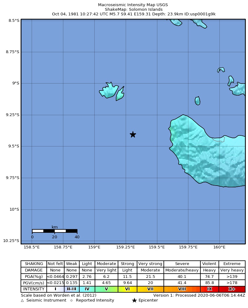 USGS ShakeMap: estimated shaking intensity around the epicenter