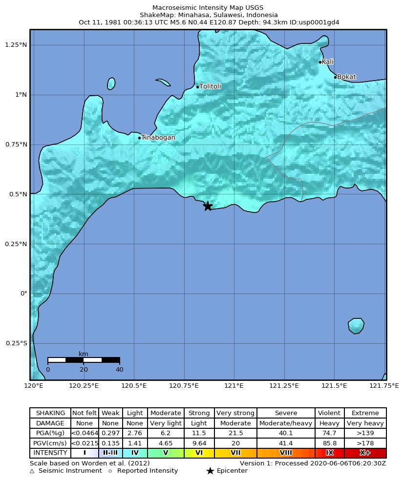USGS ShakeMap: estimated shaking intensity around the epicenter