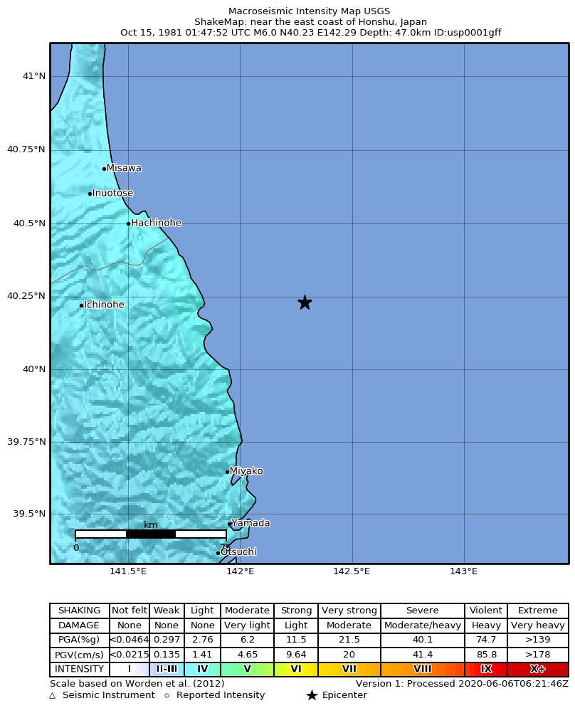 USGS ShakeMap: estimated shaking intensity around the epicenter