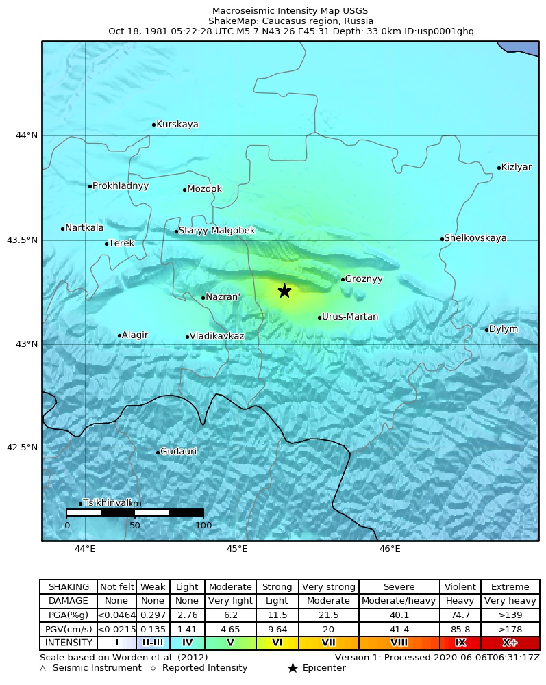 USGS ShakeMap: estimated shaking intensity around the epicenter