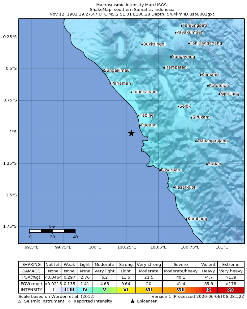 USGS ShakeMap: estimated shaking intensity around the epicenter