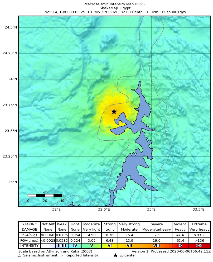 USGS ShakeMap: estimated shaking intensity around the epicenter
