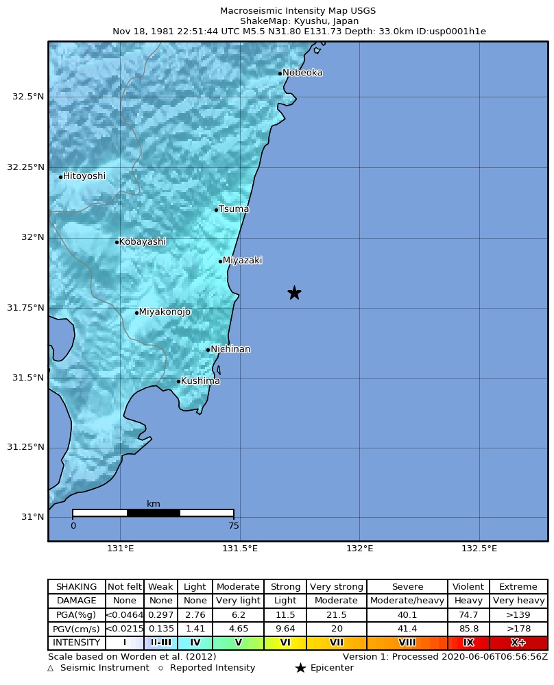 USGS ShakeMap: estimated shaking intensity around the epicenter