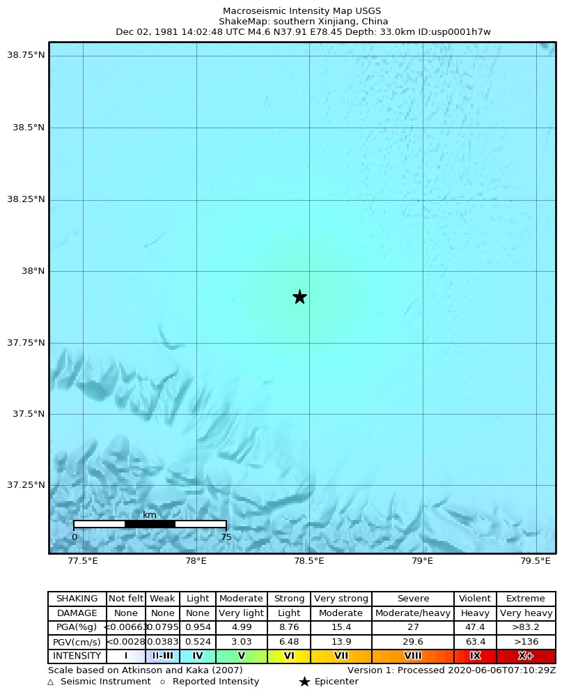 USGS ShakeMap: estimated shaking intensity around the epicenter