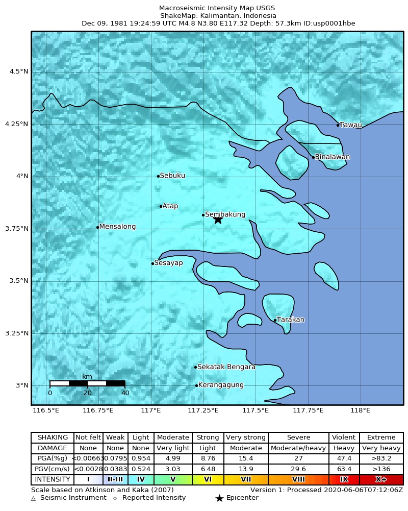 USGS ShakeMap: estimated shaking intensity around the epicenter